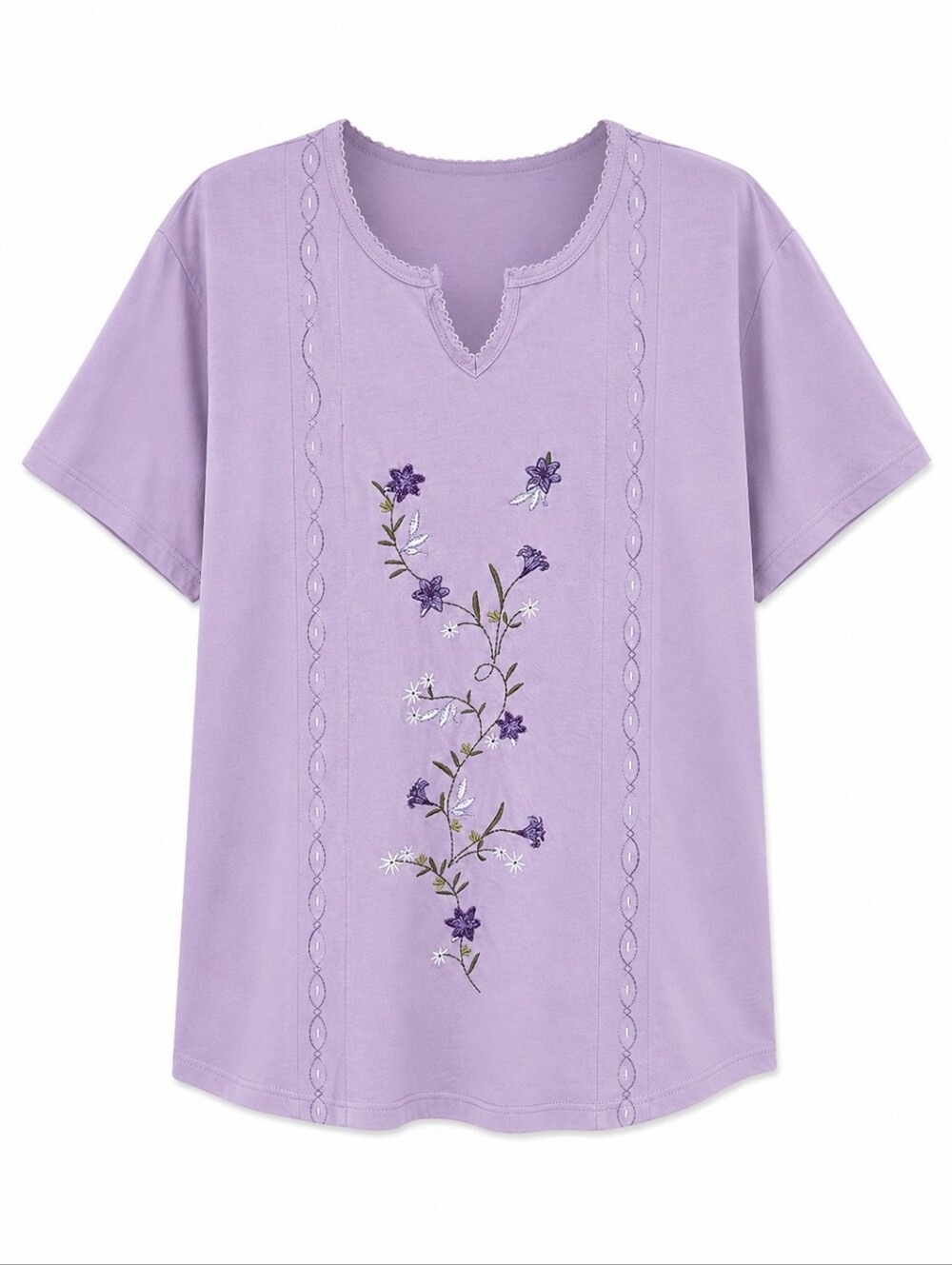 Gold Coast Purple Split Neck Embroidered Floral Short Sleeve Blouse Size XL